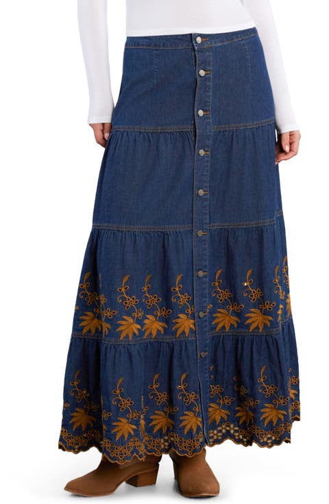 Tiered Eyelet Denim Midi Skirt