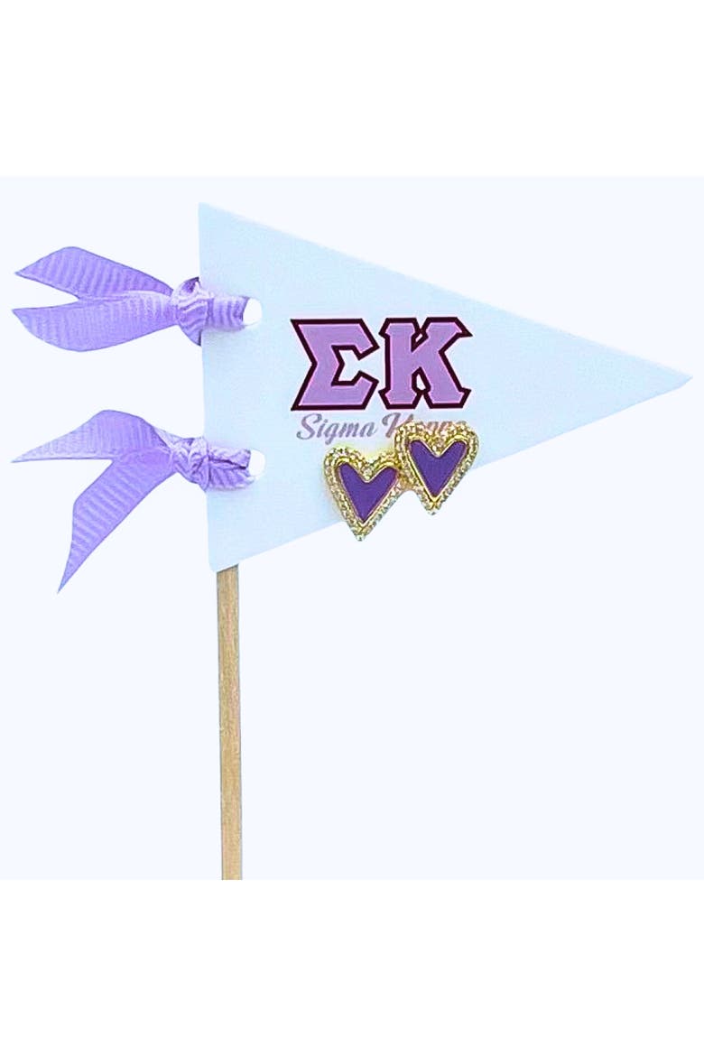 Sigma Kappa Heart Stud Enamel Earrings on Sorority Pennant Flag, Main, color, Yellow Gold