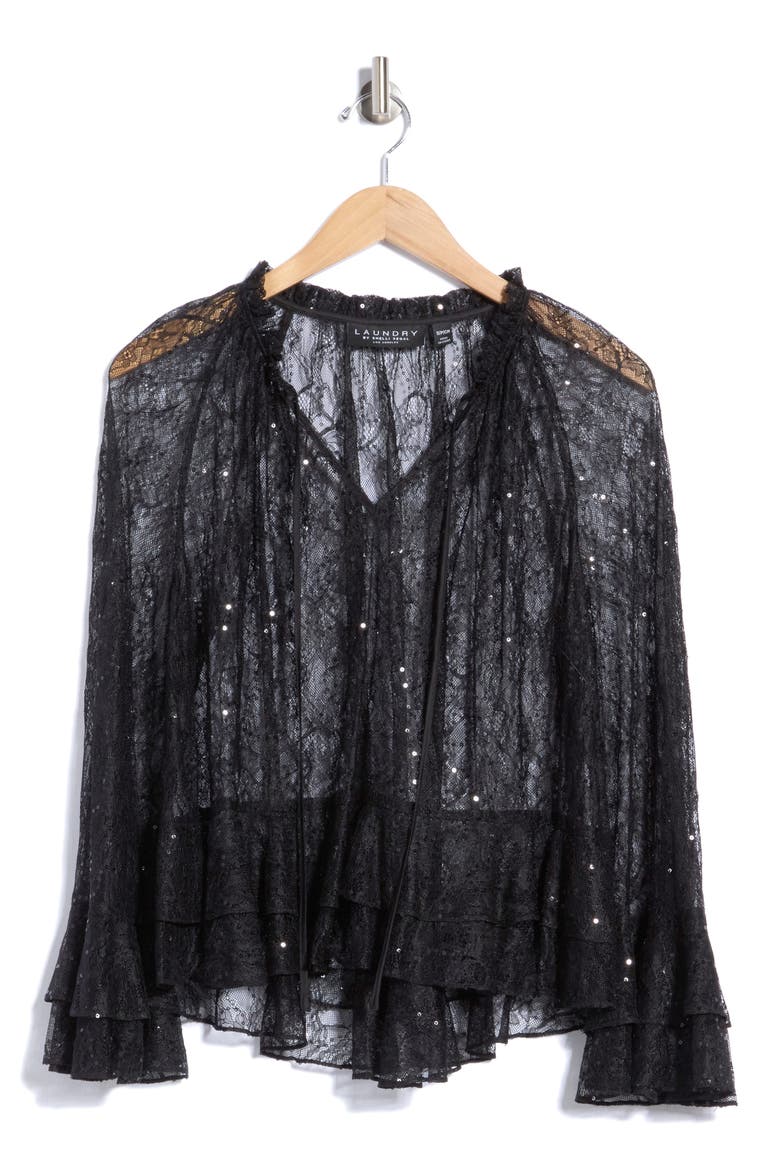 Sequin Lace Ruffle Top, Alternate, color, BLACK