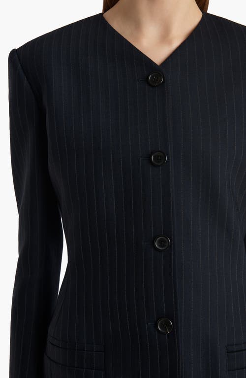 Khaite Naran Pinstripe Single Breasted Stretch Virgin Wool & Cotton Blazer In Blue