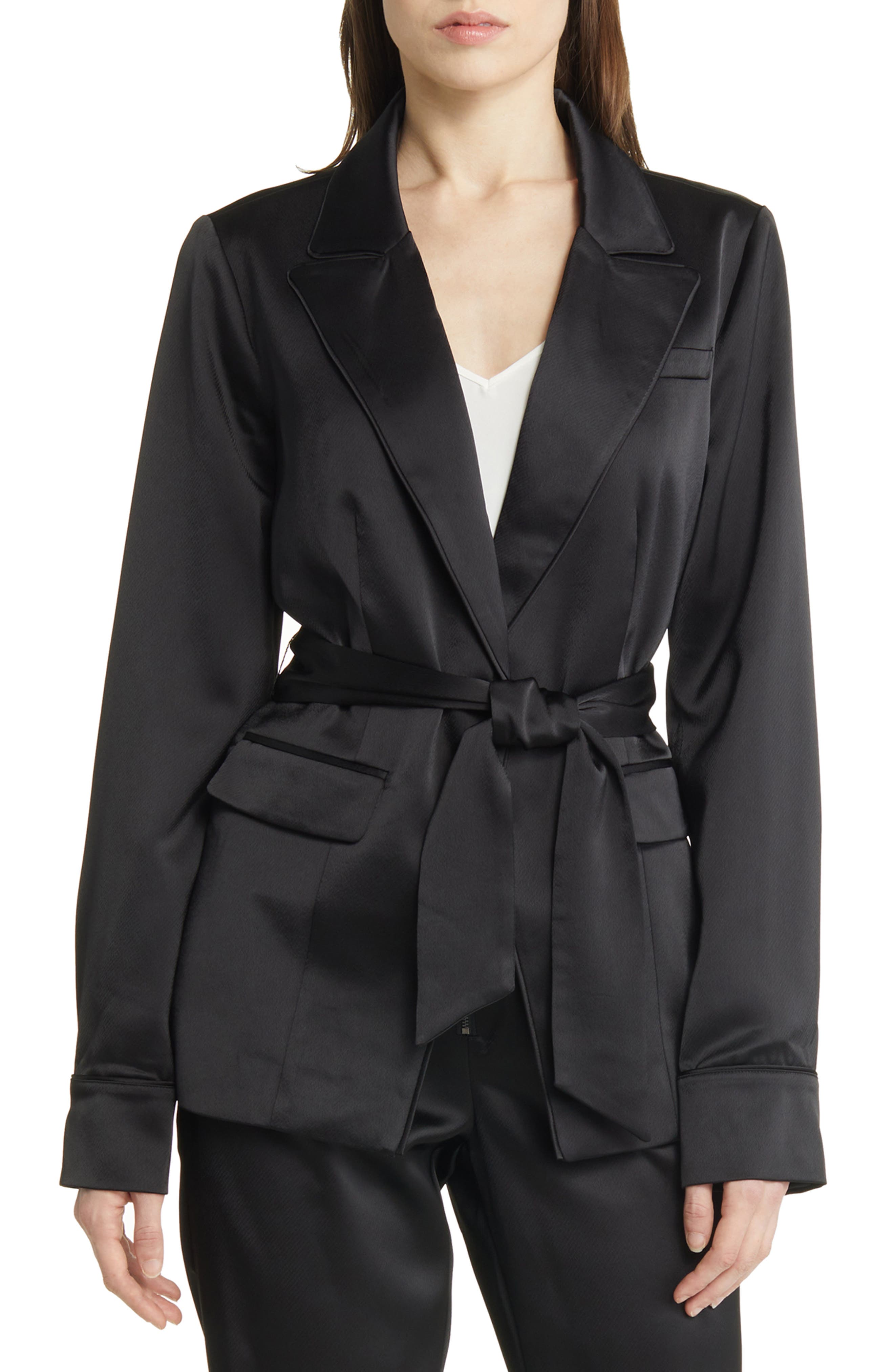 PAIGE Havenn Tie Waist Satin Blazer