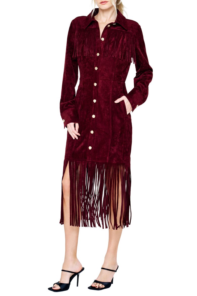 Jimena Fringe Long Sleeve Faux Suede Midi Dress, Alternate, color, WINE