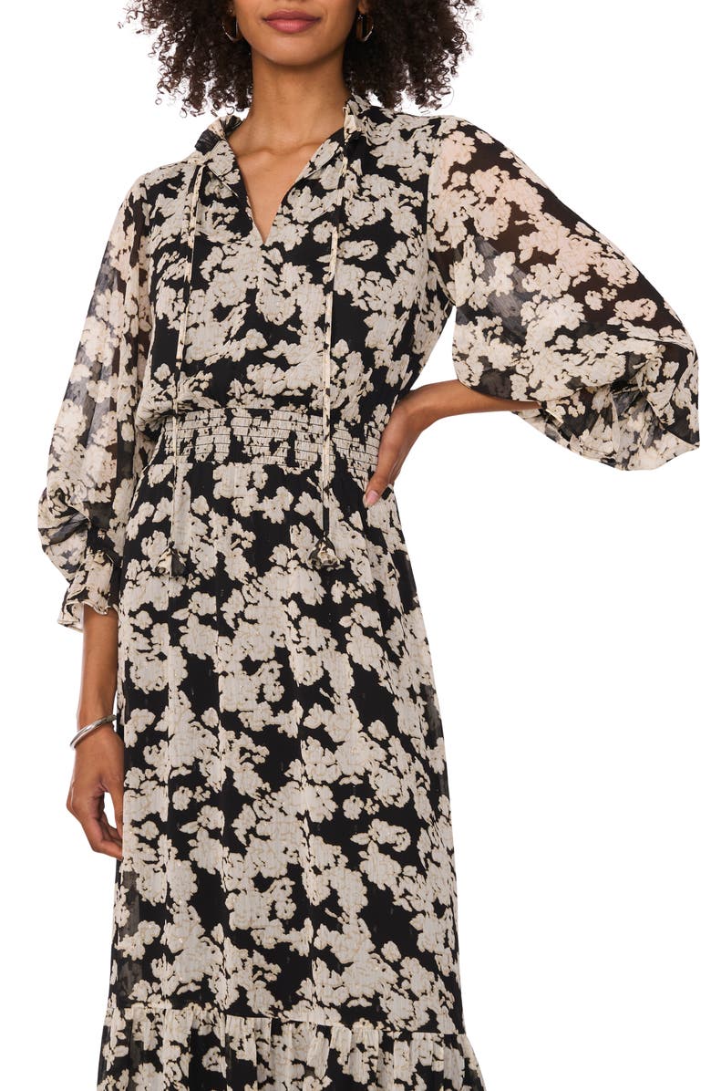 Vince Camuto Bead Detail Floral Long Sleeve Maxi Dress, Alternate, color, Rich Black