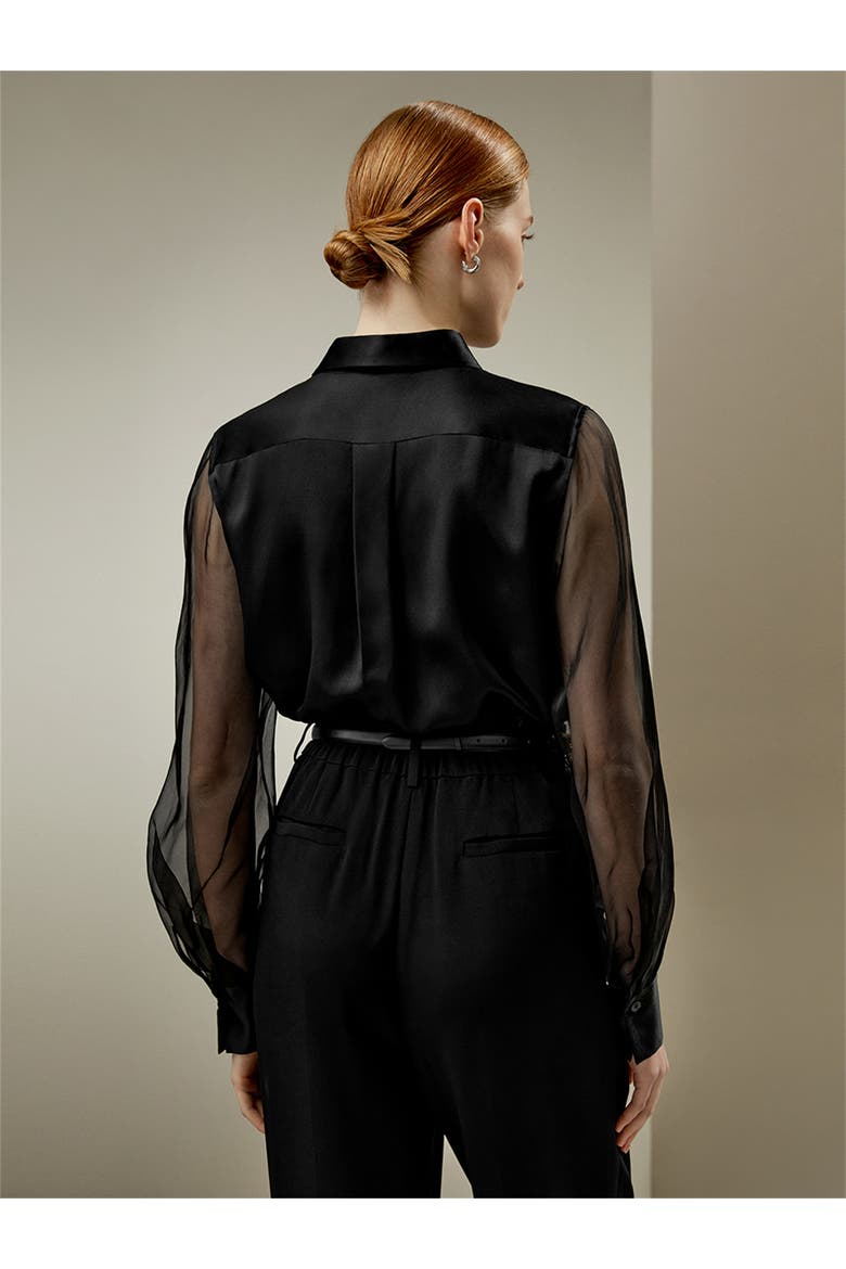 Women's Ethereal Crisp Sheer Sleeves Silk Shirt, Alternate, color, Black