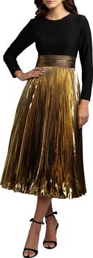 Mac Duggal Long Sleeve Pleated Midi Dress