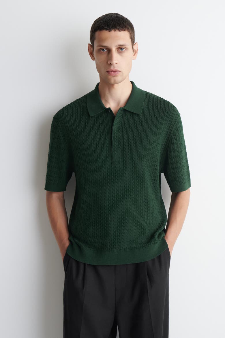 Cable-knit Cotton-linen Polo Shirt, Main, color, DARK GREEN