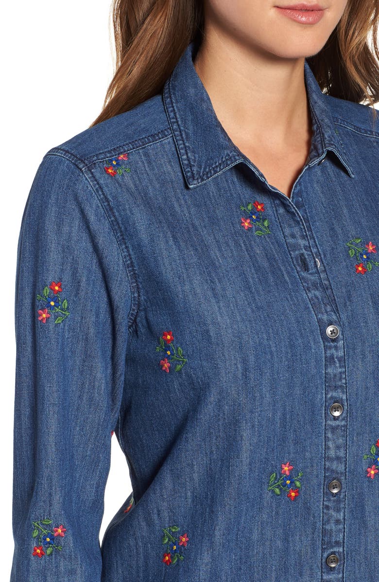 Caslon<sup>®</sup> Floral Embroidery Cotton Denim Shirt, Alternate, color, 