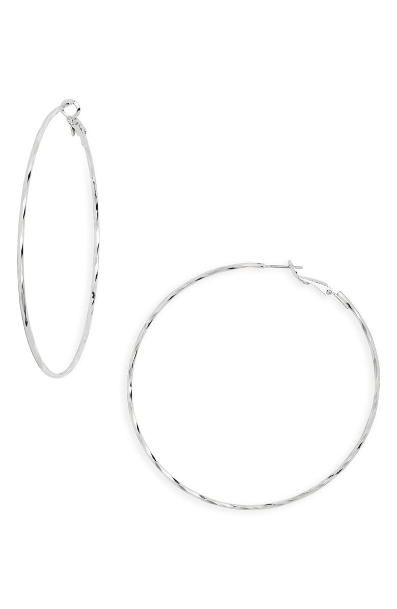 NORDSTROM RACK Textured Wire Hoop Earrings, Main, color, Silver