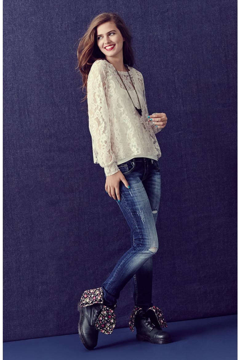 Destroyed Skinny Jeans, Alternate, color, DARK WASH