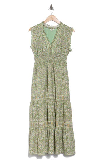 Max Studio Floral Sleeveless Tiered Maxi Dress In Light Green Floral Tile