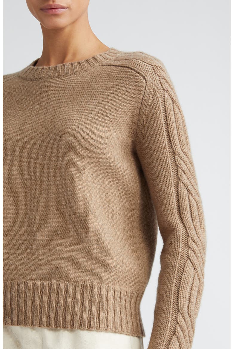 Berlina Cable Knit Sleeve Cashmere Crewneck Sweater, Alternate, color, SAND