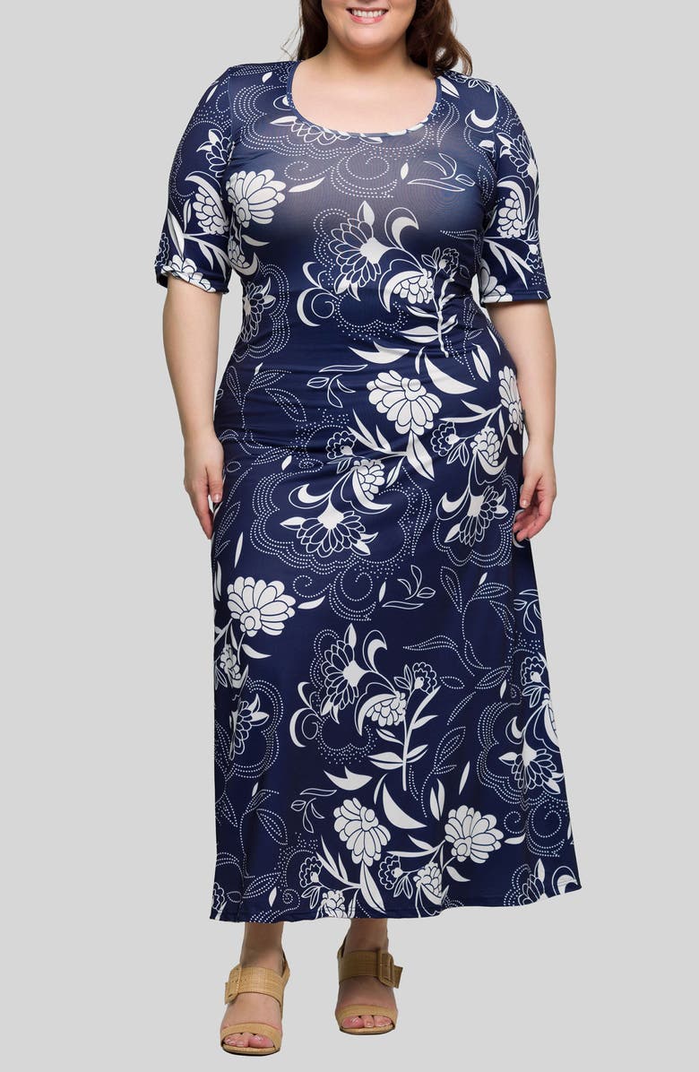 24seven Comfort Apparel Floral Knit Maxi Dress, Main, color, Navy Multi