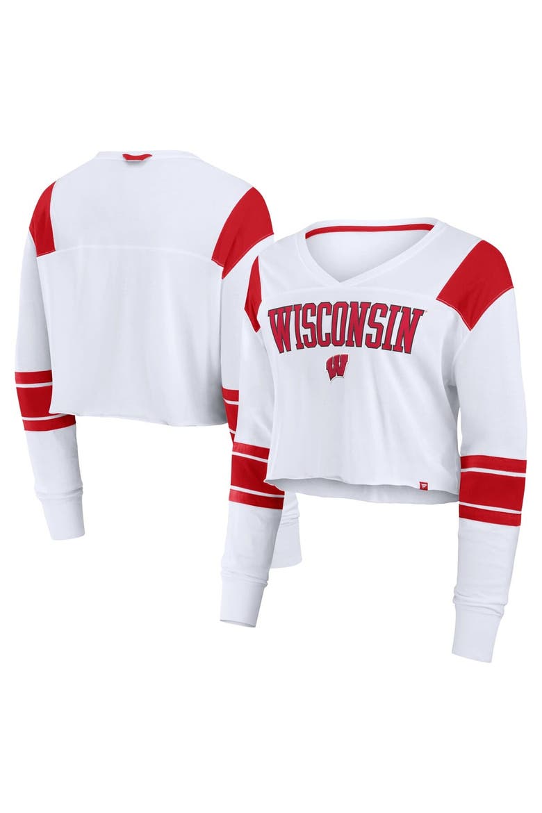 Women's Fanatics White Wisconsin Badgers Training Camp Cropped Long Sleeve V-Neck Fashion Top, Main, color, White