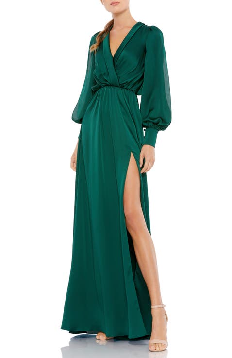 ★Mac Duggal★ オープンバック ハイネック スリット マキシ Mac Duggal Floral Print Sequin Boat Neck Long Sleeve Front