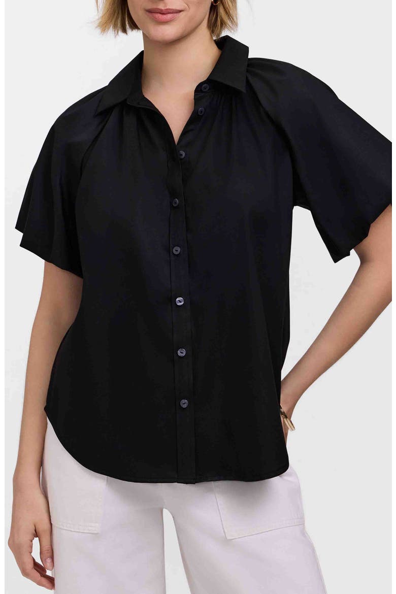 Paula Puff Sleeve Cotton Blend Button-Up Shirt, Main, color, BLACK