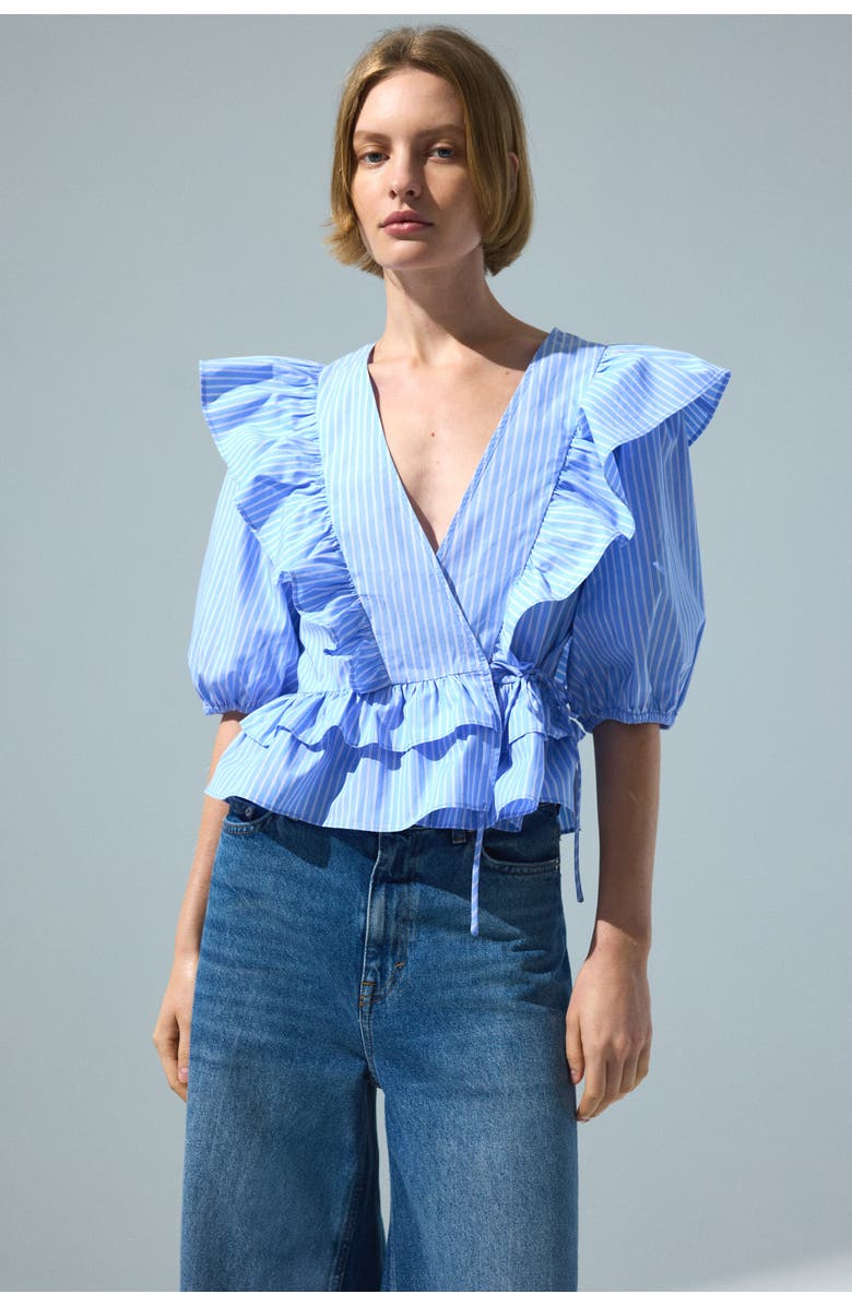 H&M Poplin Wrap Blouse, Alternate, color, Light Blue/Striped
