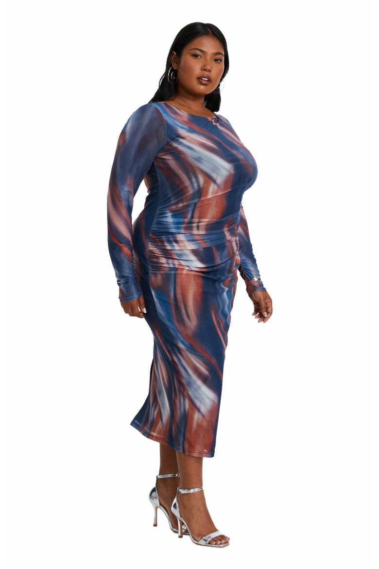 Plus Size Mesh Marble Round Neck Long Sleeve Maxi Dress, Alternate, color, Dark Blue