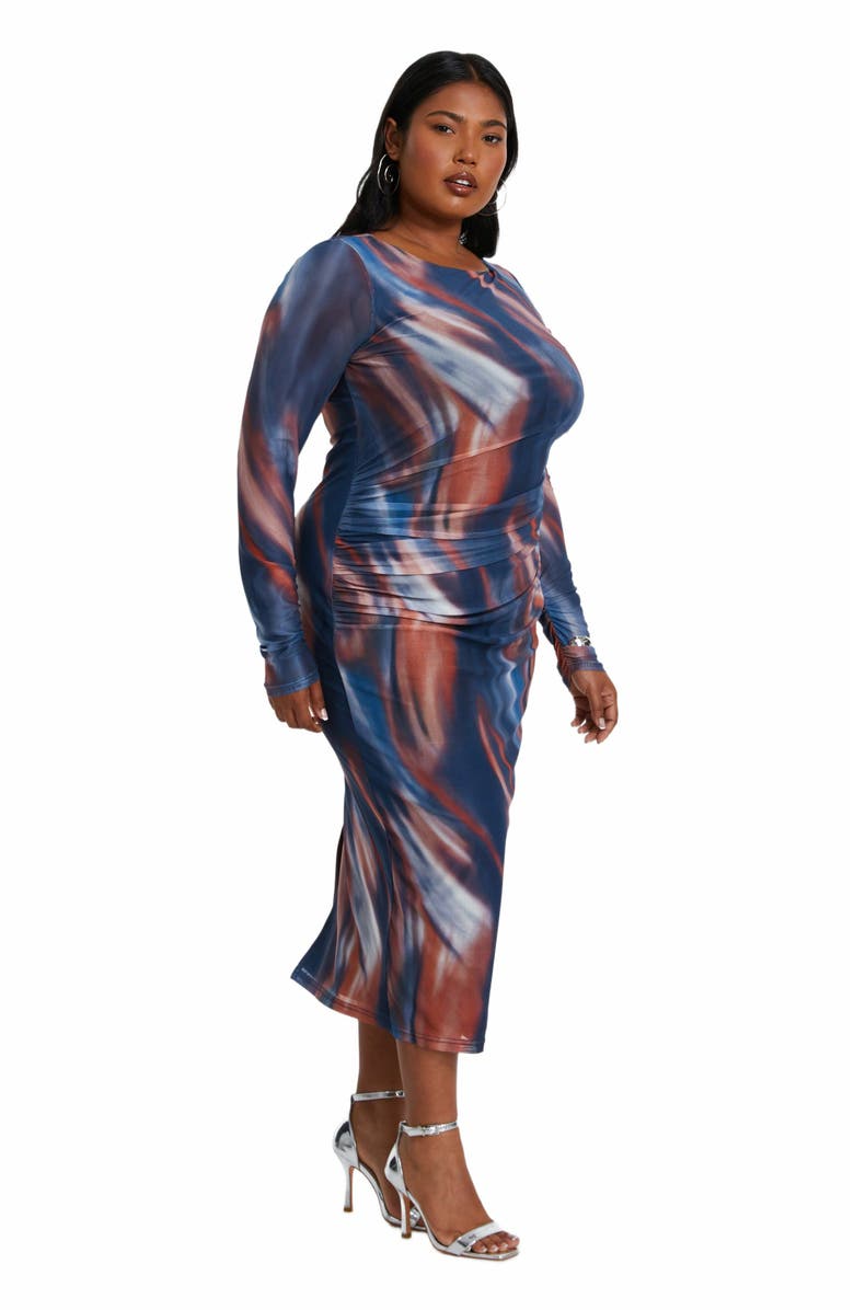 QUIZ Plus Size Mesh Marble Round Neck Long Sleeve Maxi Dress, Alternate, color, Dark Blue