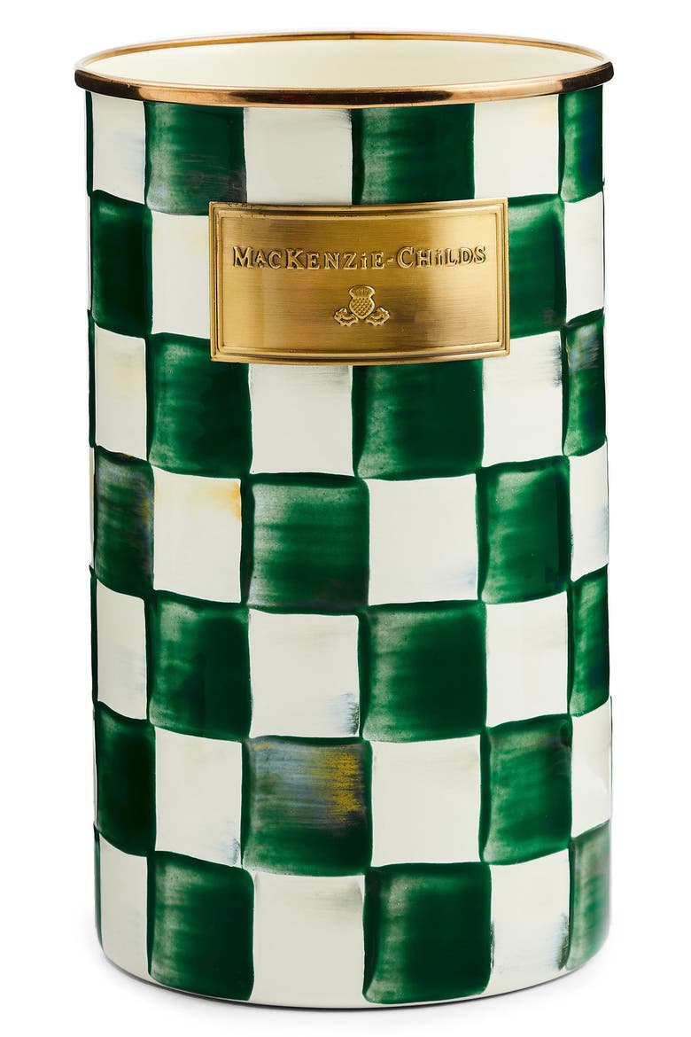 Emerald Check Enameled Steel Utensil Holder, Main, color, EMERALD