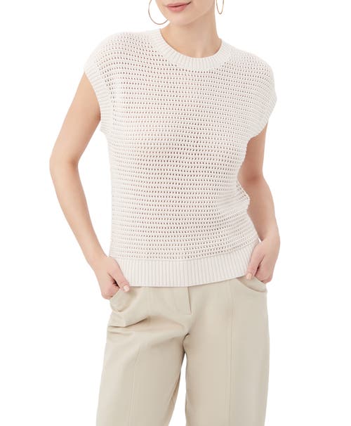 Trina Turk Yuri Open Knit Short Sleeve Pullover In White