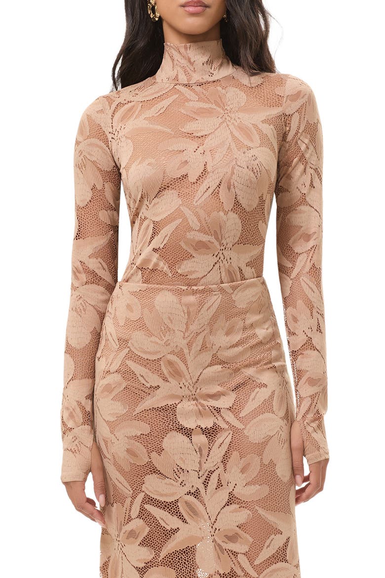 Zadie Sheer Floral Lace Turtleneck Top, Main, color, ALMOND