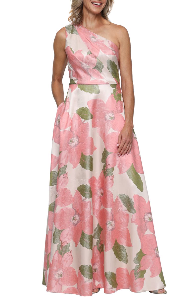 Alex Evenings Metallic Floral One-Shoulder Gown, Main, color, Coral Multi