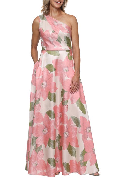 Metallic Floral One-Shoulder Gown