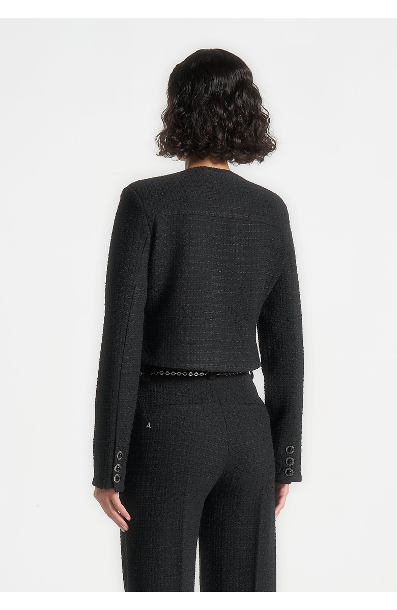 Manière De Voir Celine Cropped Tweed Jacket with Pearls, Alternate, color, Black
