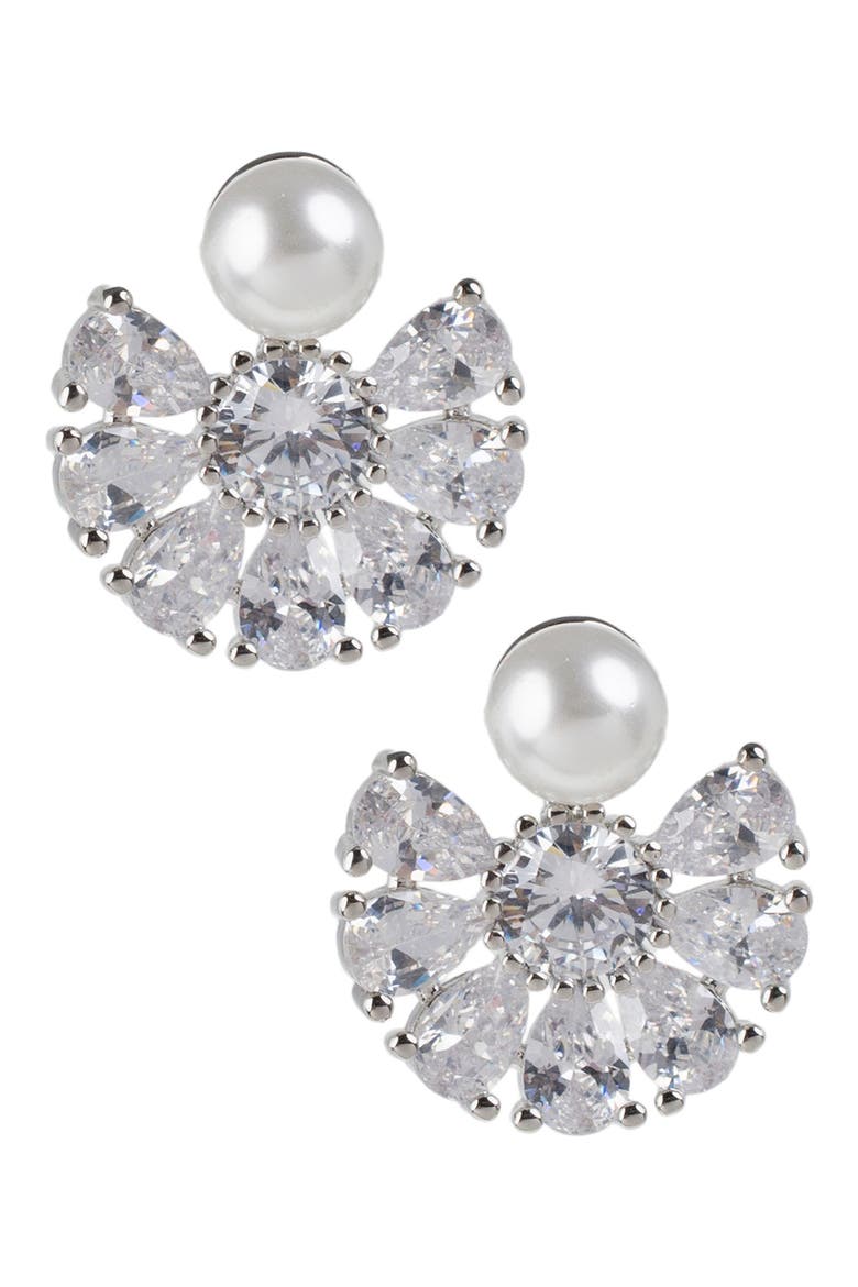 Faux Pearl & CZ Fan Dangle Earrings, Main, color, WHITE/SILVER