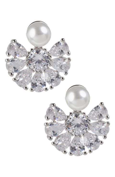 Faux Pearl & CZ Fan Dangle Earrings