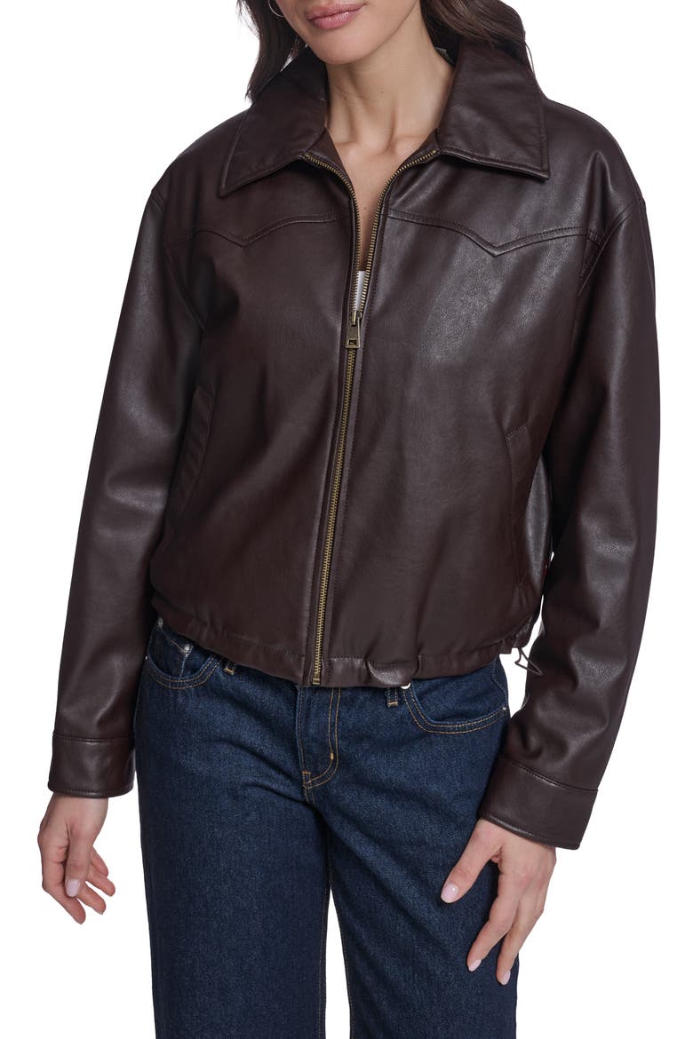 Western Yoke Faux Leather Bomber Jacket, Main, color, DARK BROWN