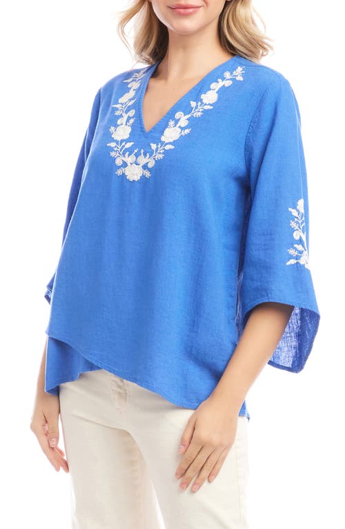 Karen Kane Floral Embroidery Detail Linen Blend Top In Blue