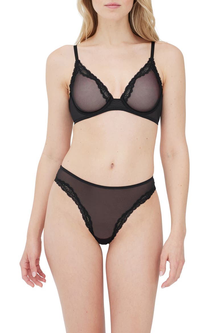 Passion Underwire Plunge Unlined Mesh Bra, Alternate, color, BLACK