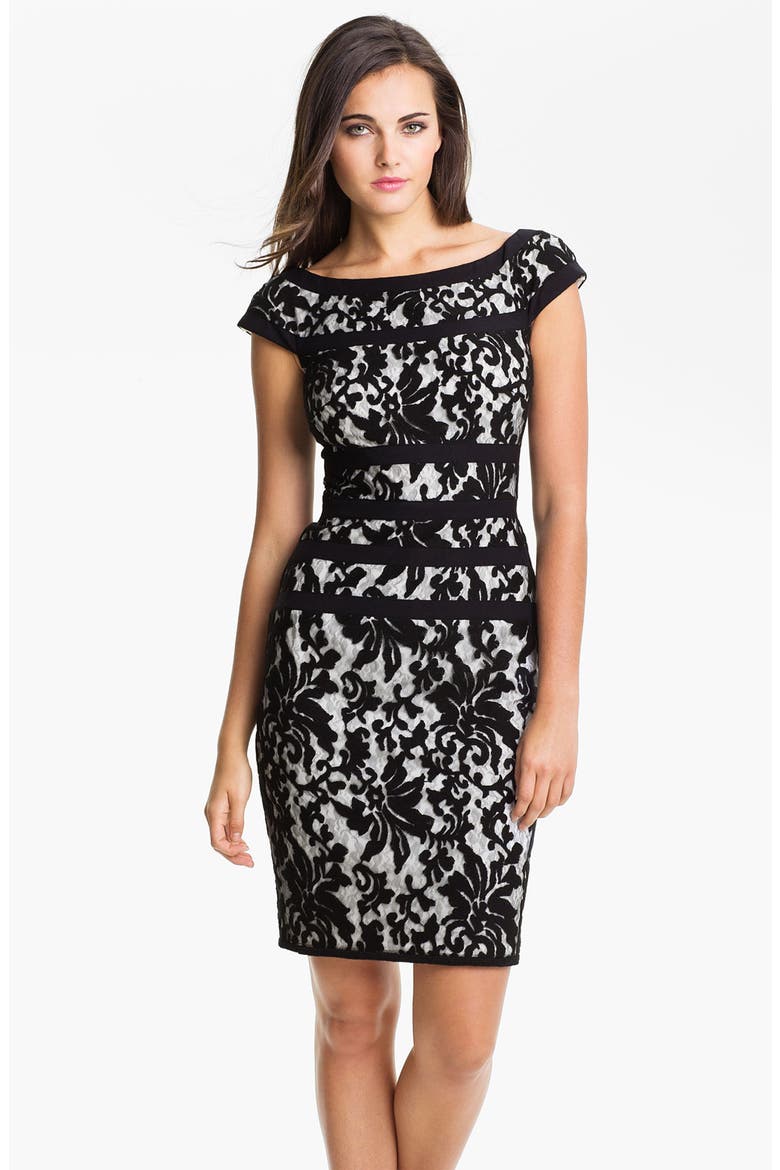 Cap Sleeve Lace Sheath Dress, Main, color, BLACK/ IVORY