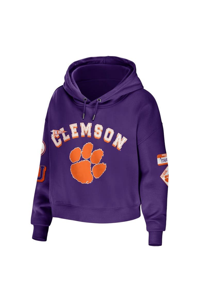 Women's WEAR by Erin Andrews Purple Clemson Tigers Mixed Media Cropped Pullover Hoodie, Alternate, color, Purple