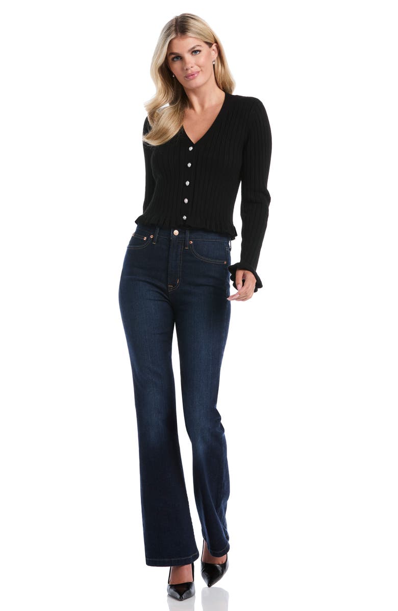 Laundry by Shelli Segal Ruffle Trim Cardigan Sweater, Alternate, color, Black