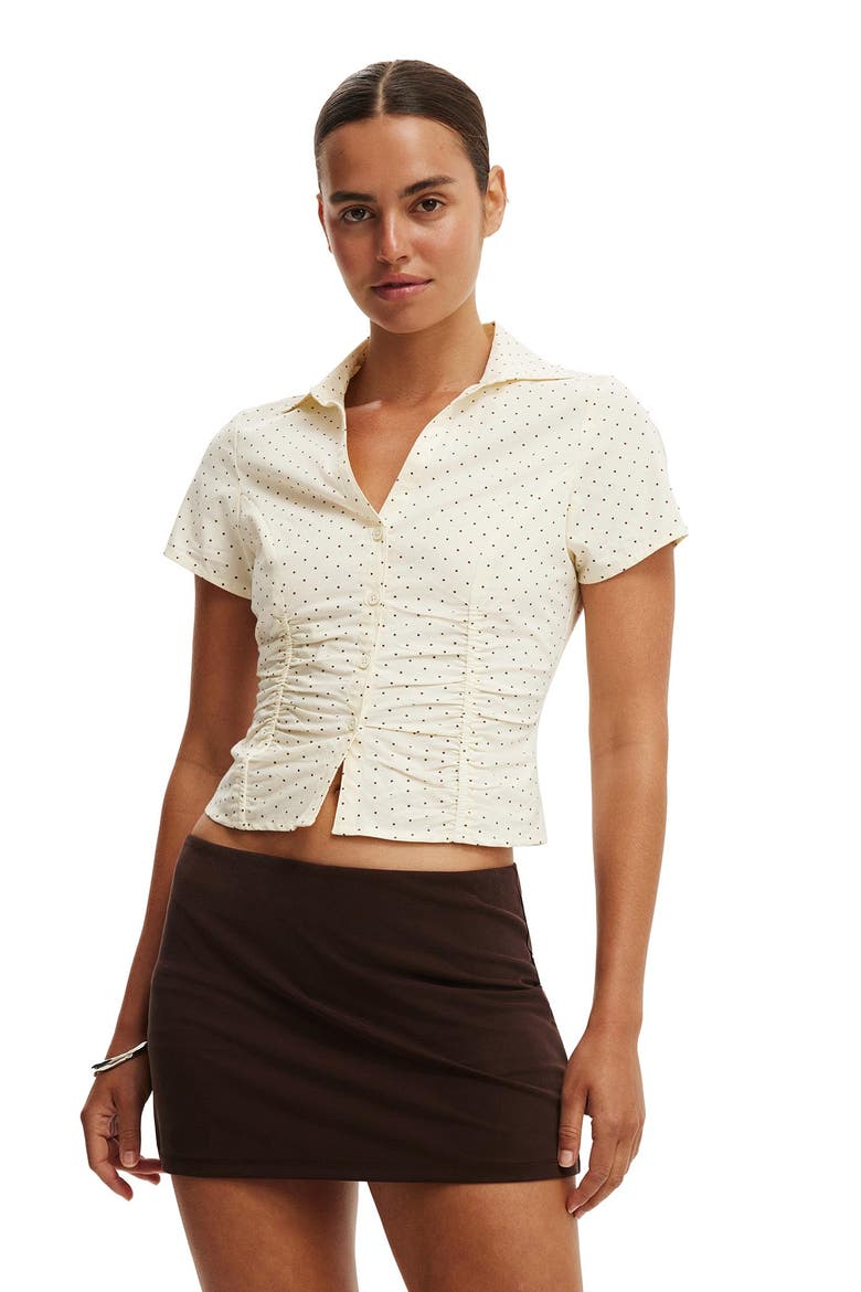 Women's Maya Rouched Shirt, Main, color, Lily Micro Polka Dot Vanilla