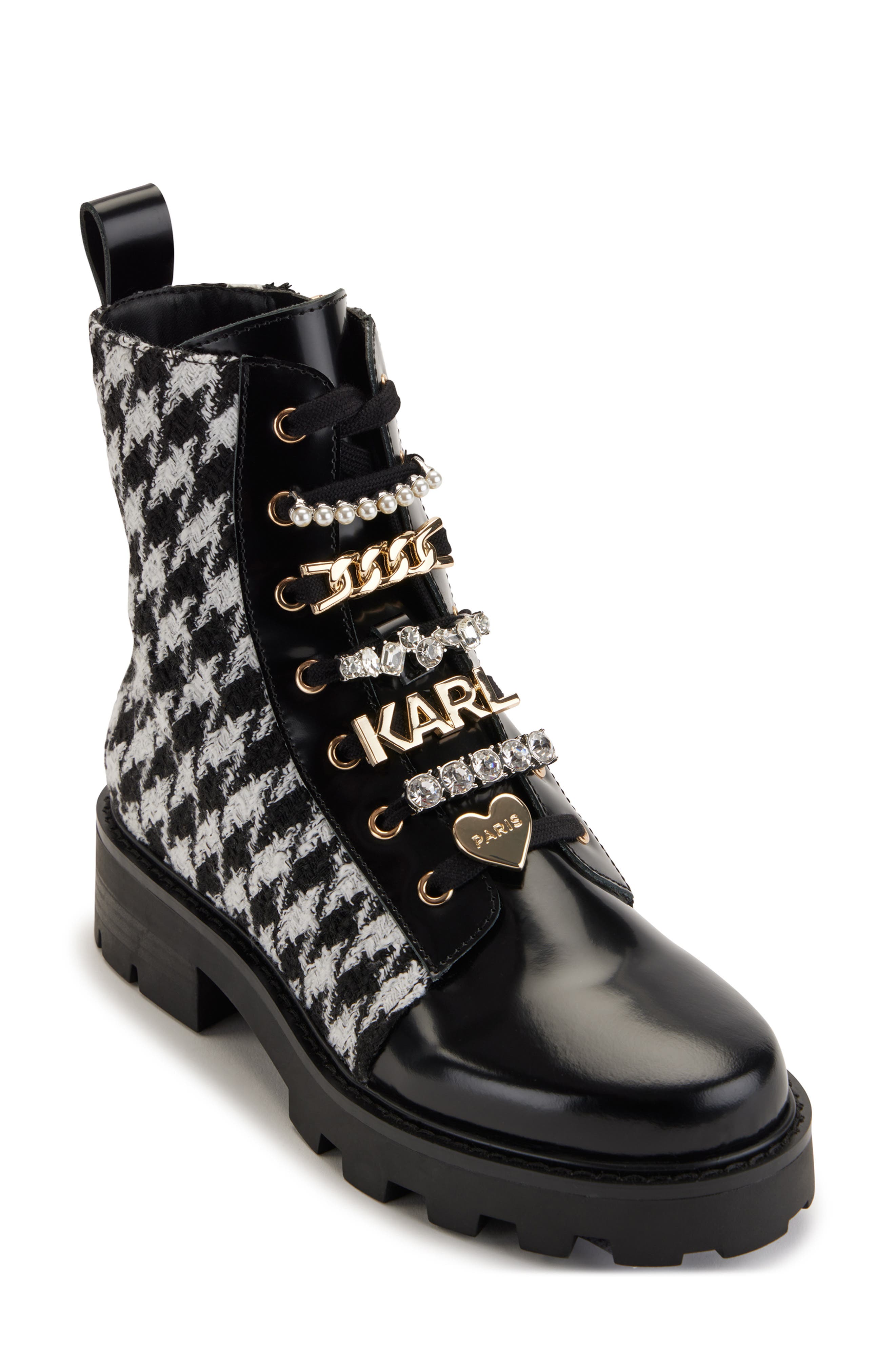 KARL LAGERFELD PARIS Mela Tweed Combat Boot, Main, color, 