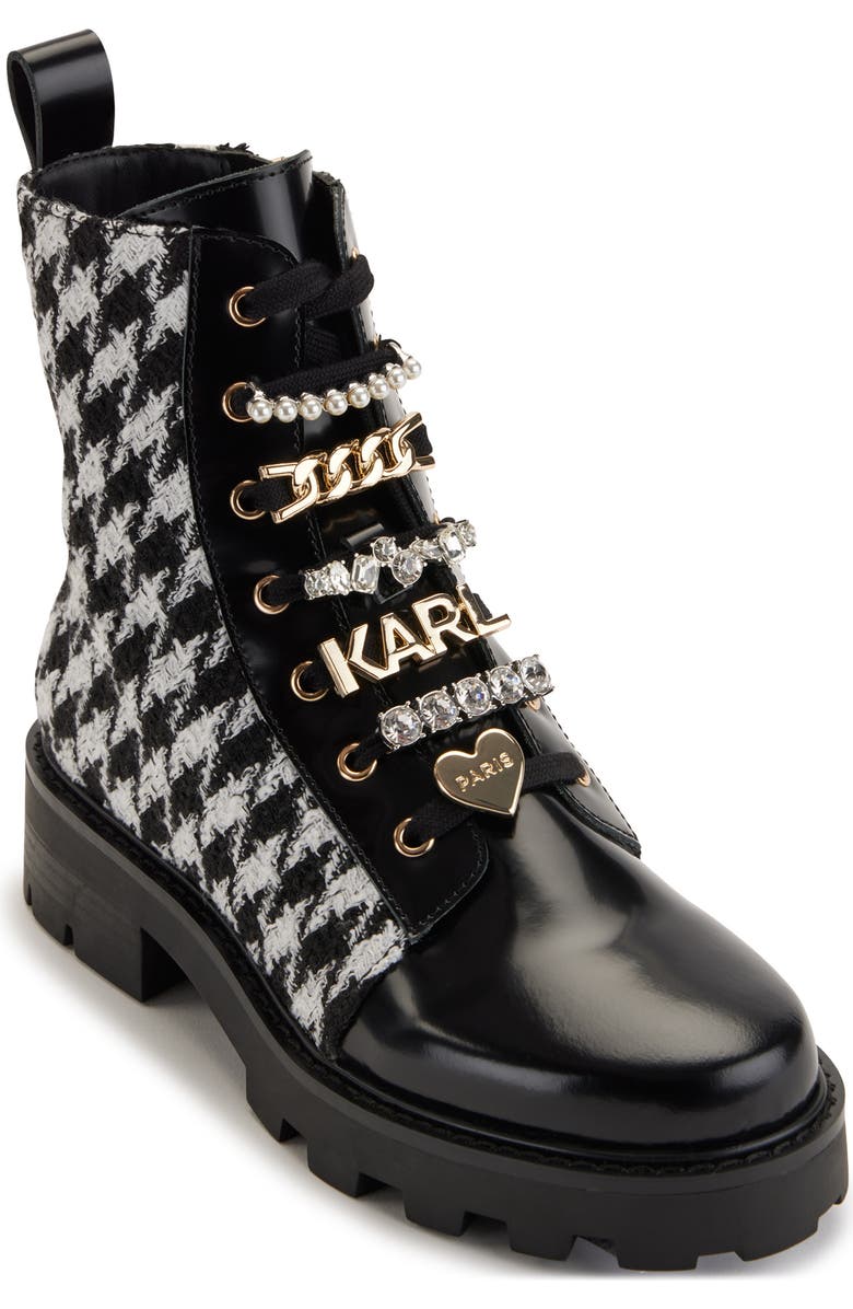 KARL LAGERFELD PARIS Mela Tweed Combat Boot, Main, color,