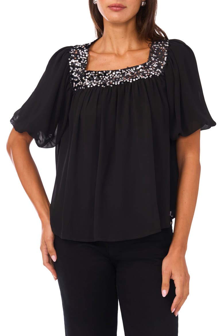Sequin Trim Puff Sleeve Top, Main, color, RICH BLACK
