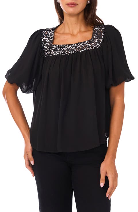 Sequin Trim Puff Sleeve Top