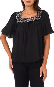 Vince Camuto Sequin Trim Puff Sleeve Top