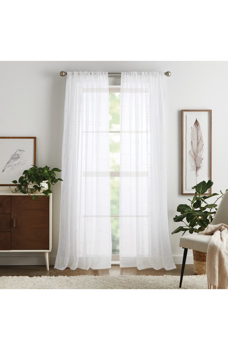 DKNY Metallic Grid Set of 2 Curtain Panels, Alternate, color, White/ Gold