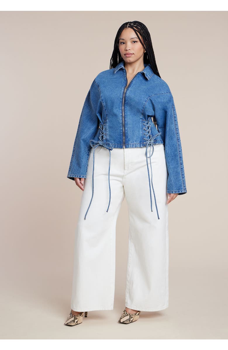 ELOQUII Lace Up Denim Jacket, Alternate, color, Medium Wash