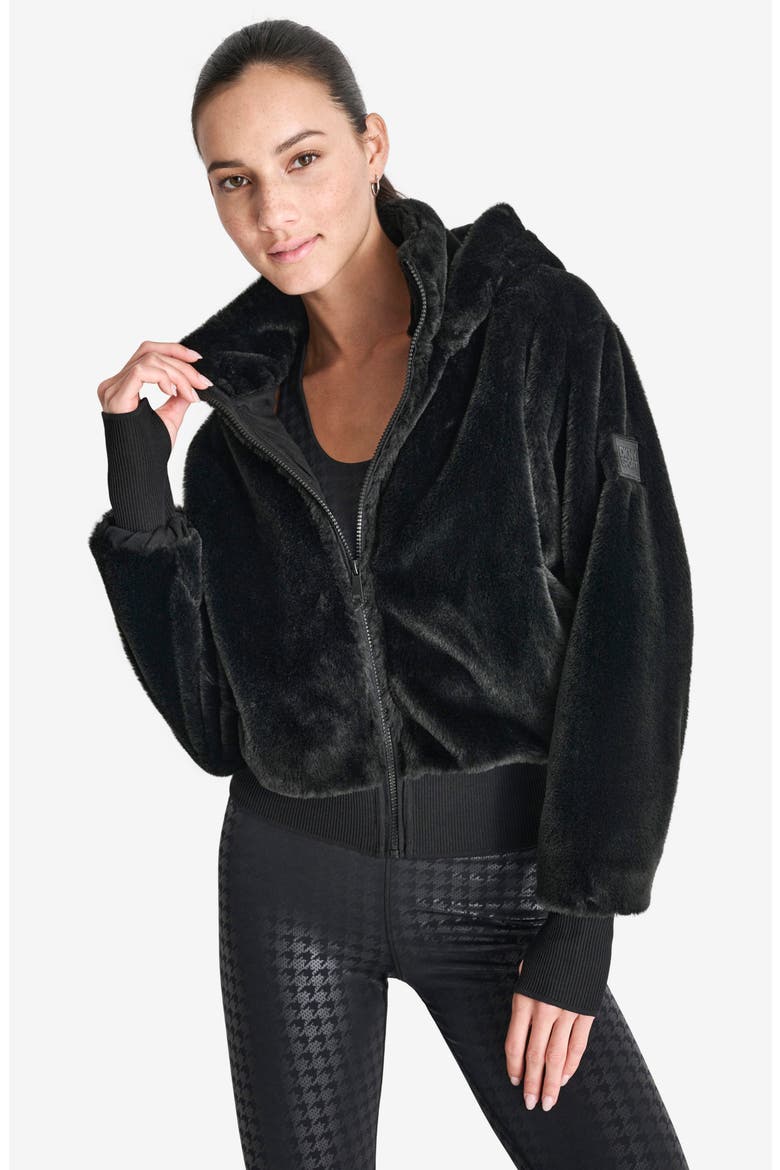 Faux Fur Zip Jacket with Removable Hood, Alternate, color, BLACK
