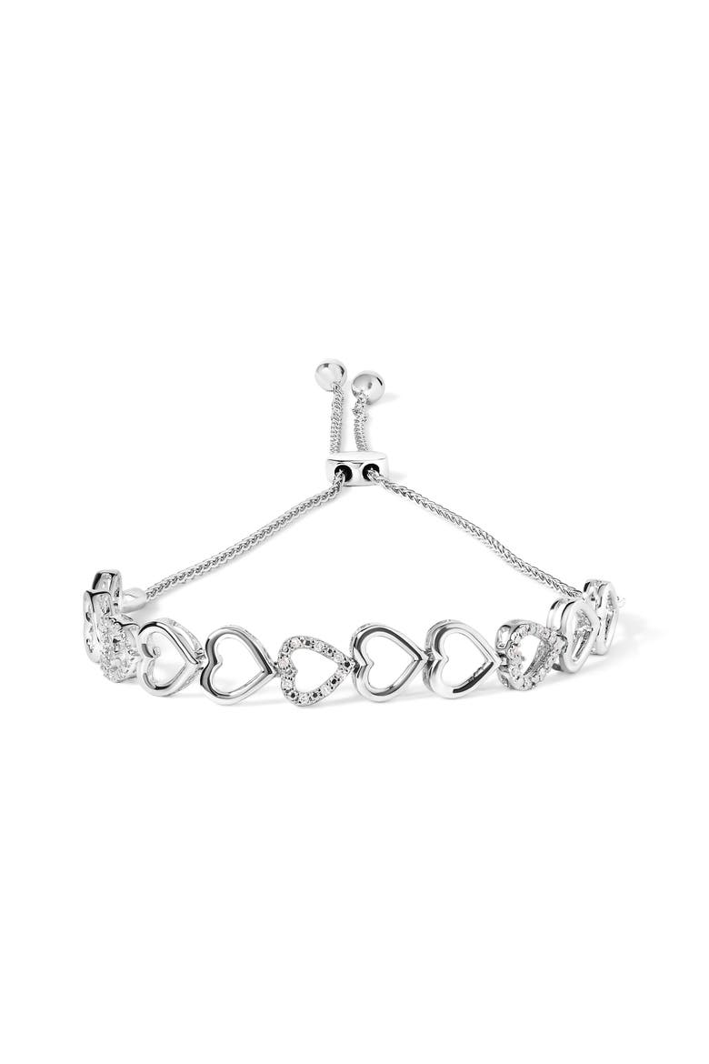 Silver 1/10 Cttw Diamond Heart Link Bolo Bracelet, Main, color, White