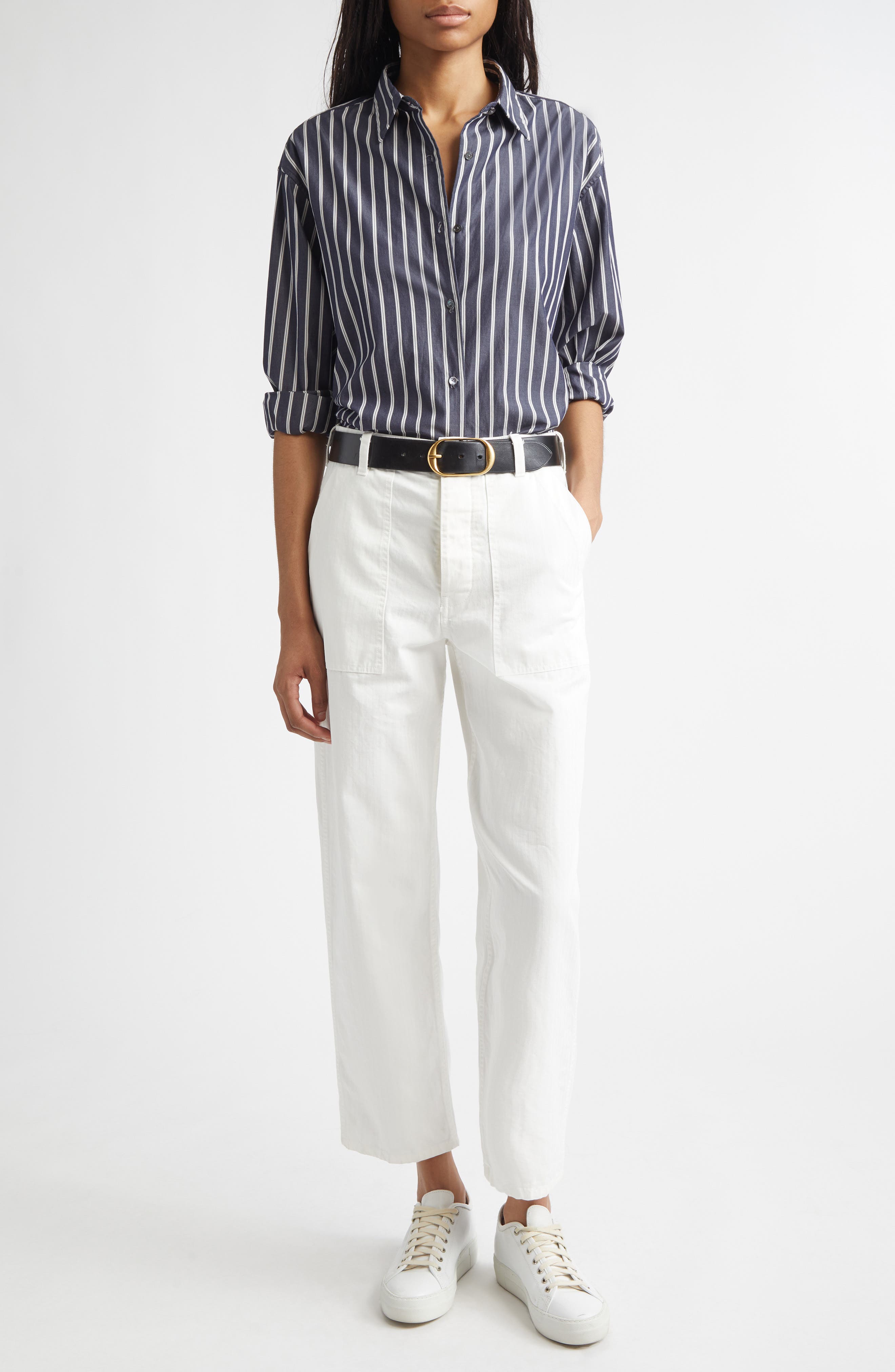 Yorke Stripe High-Low Cotton Poplin Button-Up Shirt - image 2