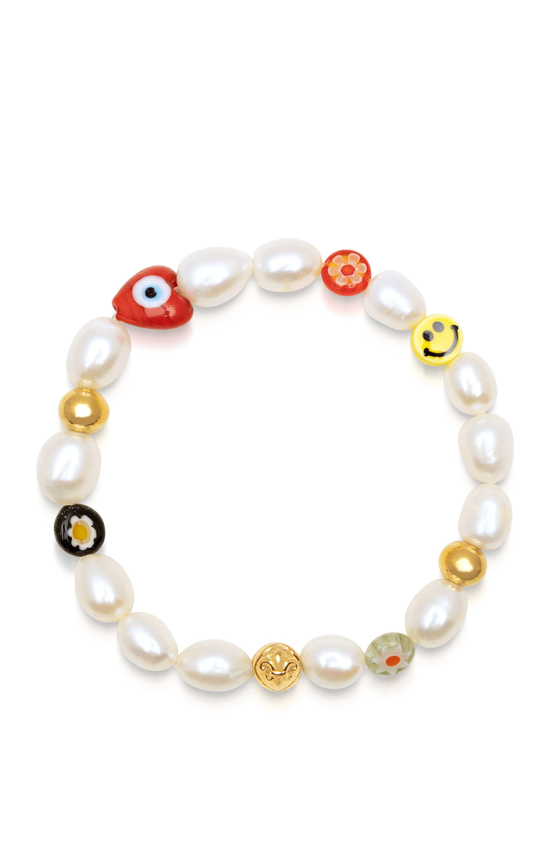 Nialaya Smiley Face Pearl Bracelet, Main, color, White / Mixed Colors