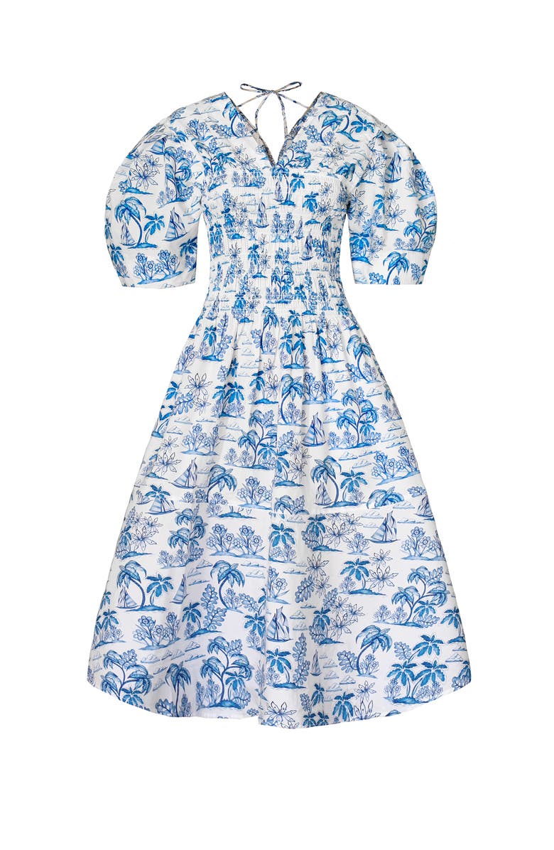 Jessie Zhao New York Leandra Blue Smocked V-Neck Midi Dress, Alternate, color, Blue