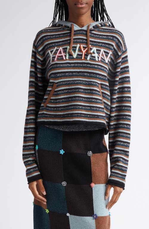 YanYan Embroidered Logo Stripe Crop Hooded Lambswool Sweater in Brown/Green 